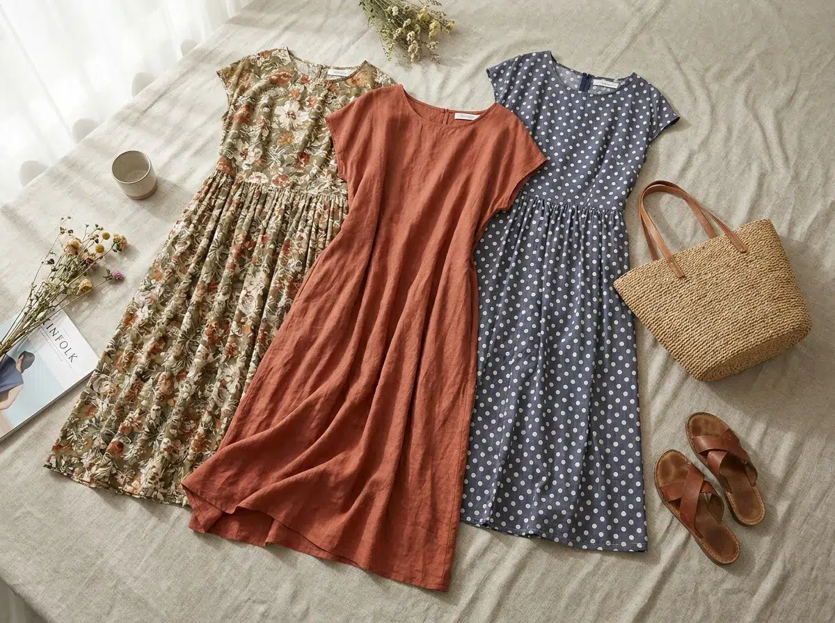 Trois robes d'été tendance en flat-lay : imprimé floral, lin terracotta et pois