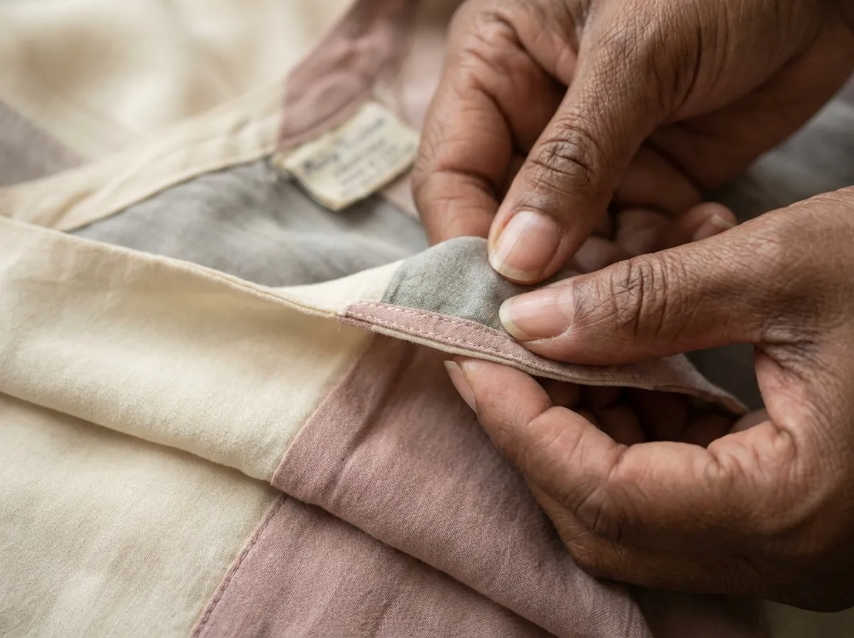 Mains vérifiant les coutures et la matière d'une robe d'été avant l'achat