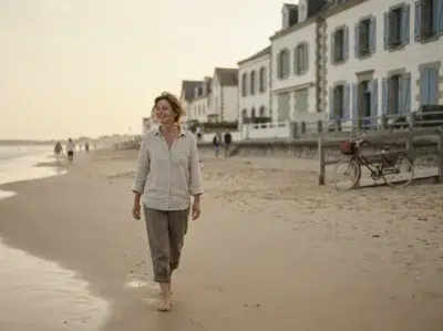 femme marchant sur plage de sable fin et villas balnéaires au coucher du soleil à La Baule