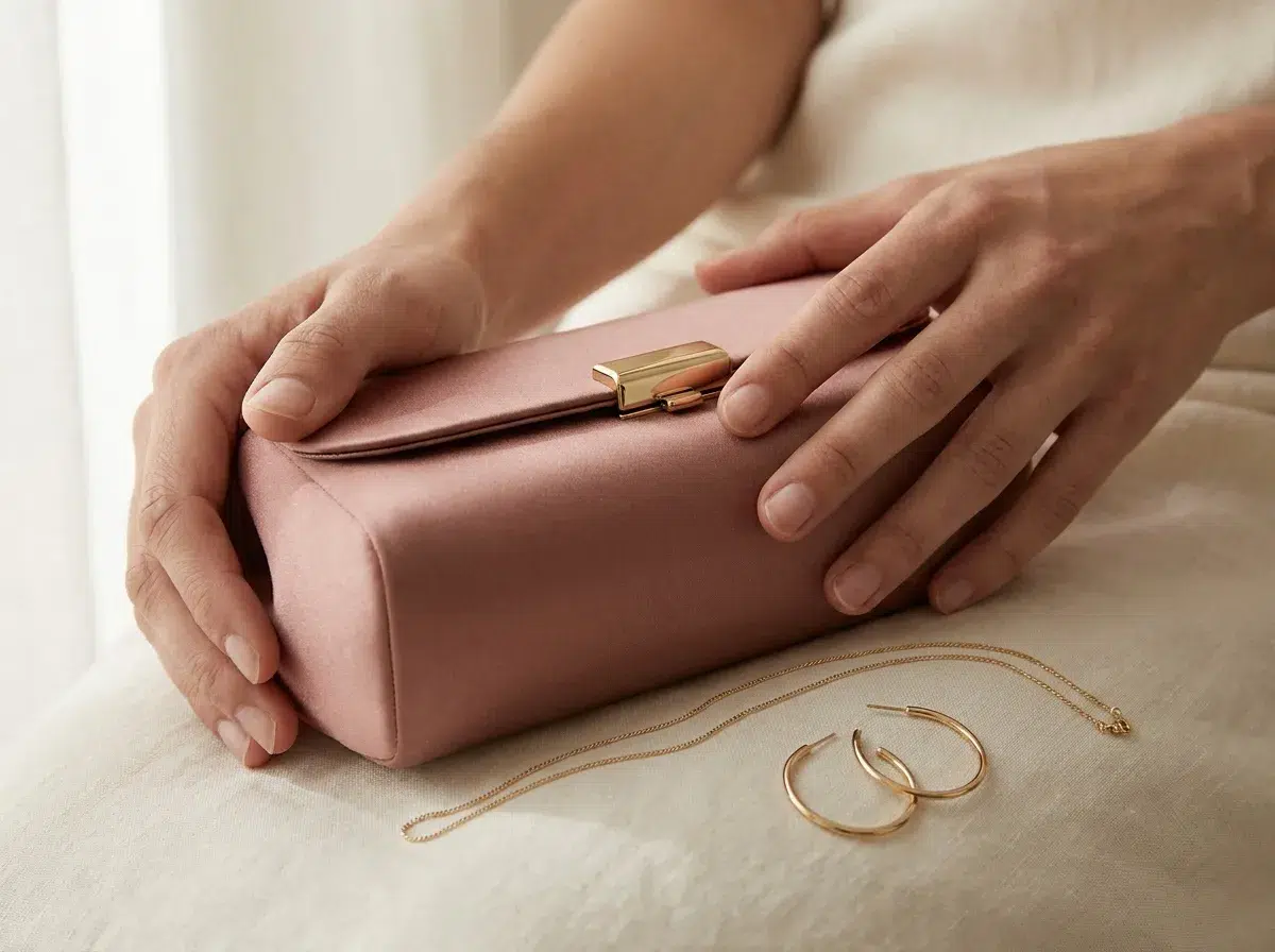 Pochette en satin rose poudré et bijoux discrets dorés, accessoires de cérémonie