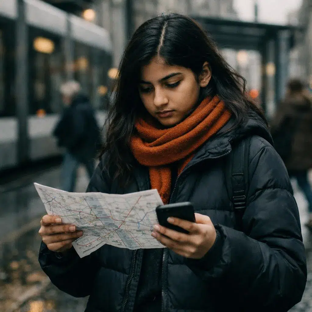 Adolescent consultant un plan de transports seul dans une ville étrangère pendant son séjour linguistique