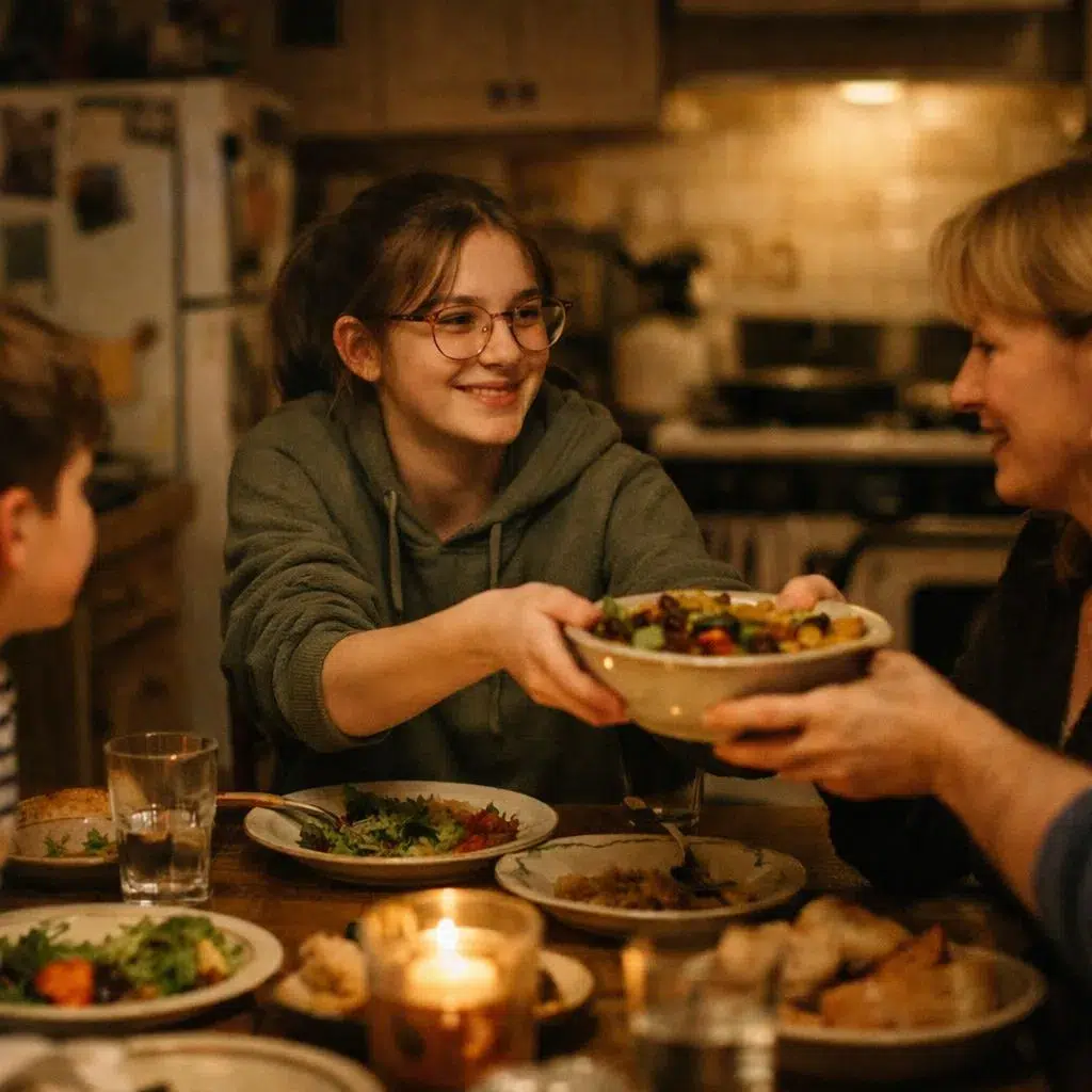 Adolescente partageant un repas avec sa famille d'accueil pendant son séjour linguistique