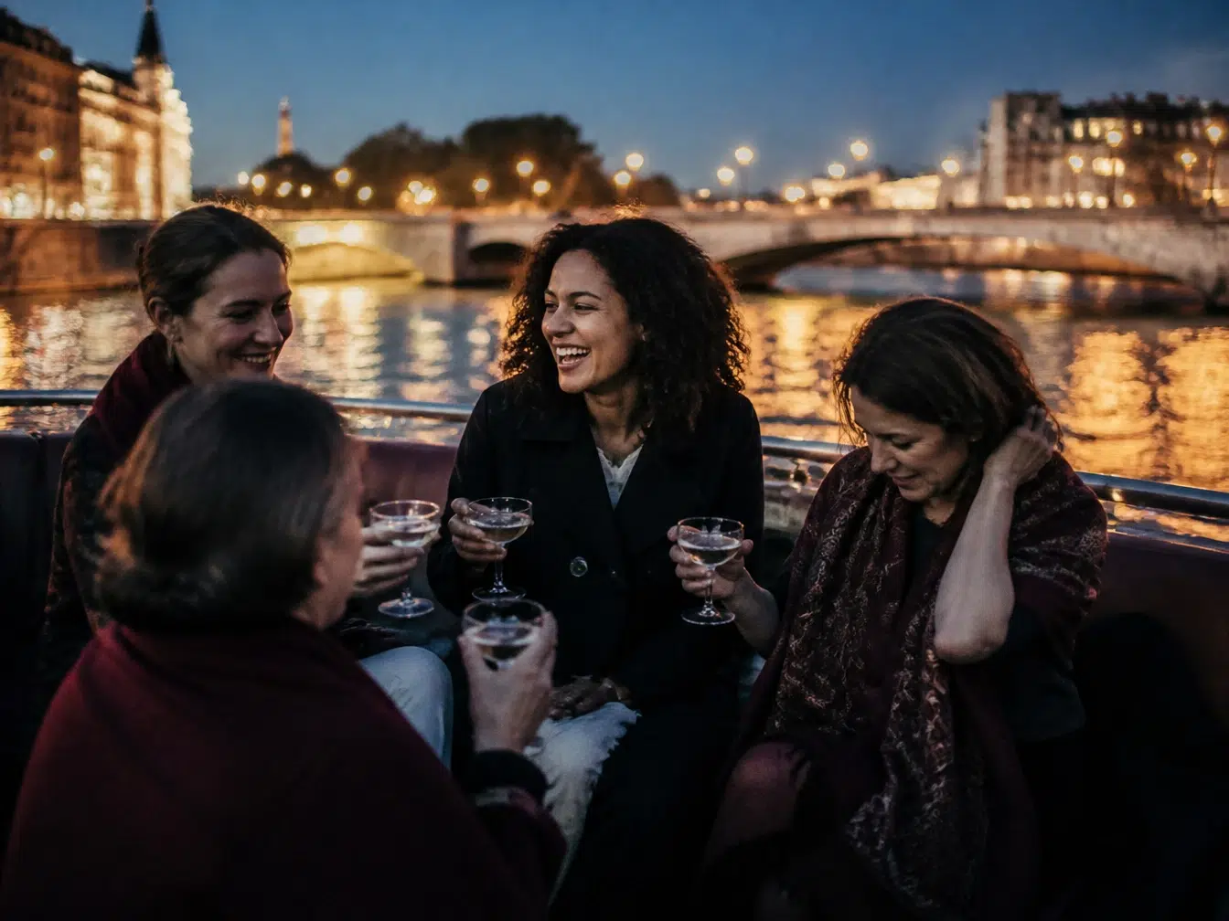 Groupe d'amis trinquant sur le pont d'un bateau privatisé pour un anniversaire à Paris en soirée