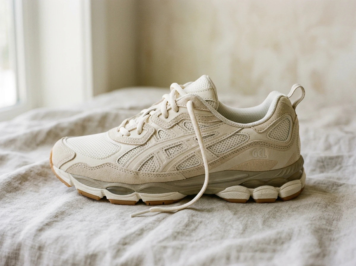 Détail de la tige en mesh et daim d'une Asics Gel NYC coloris crème