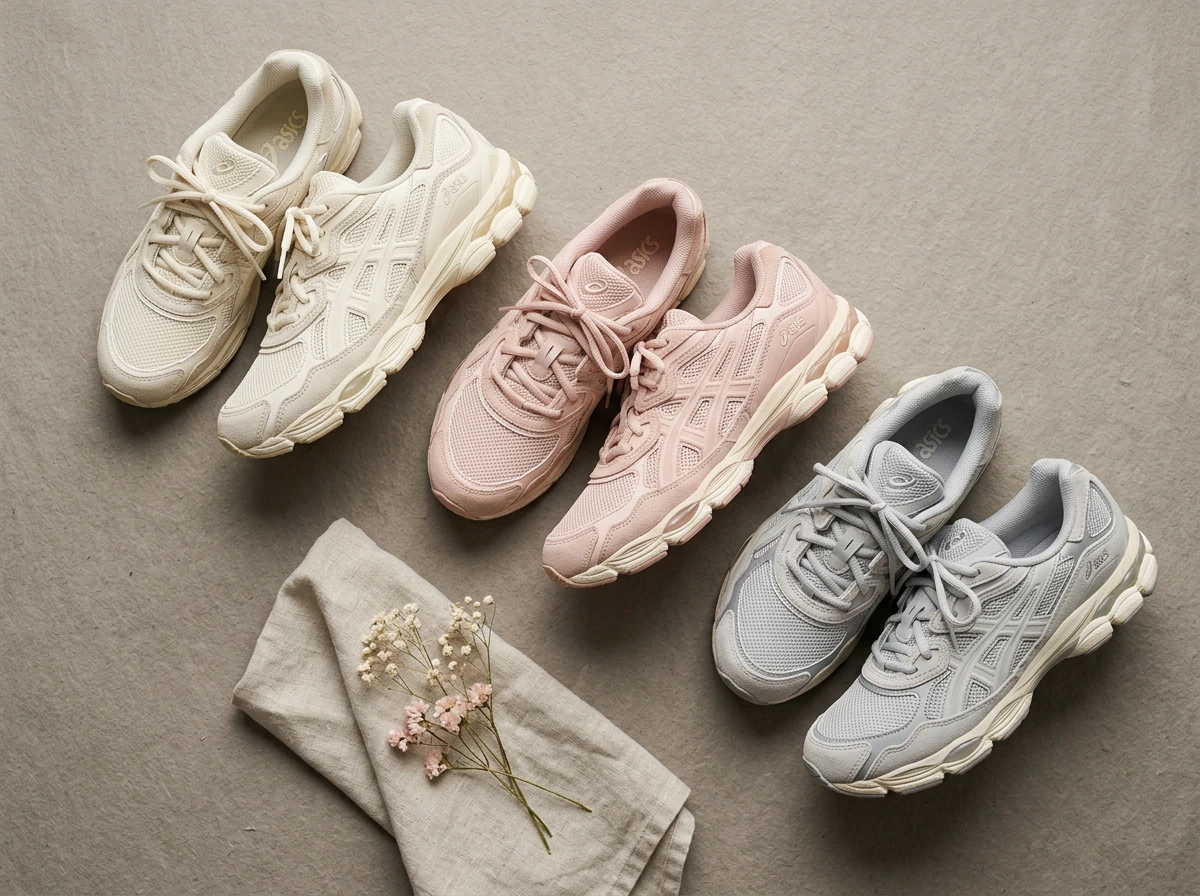 Trois paires d'Asics Gel NYC crème, rose poudré et gris vues du dessus