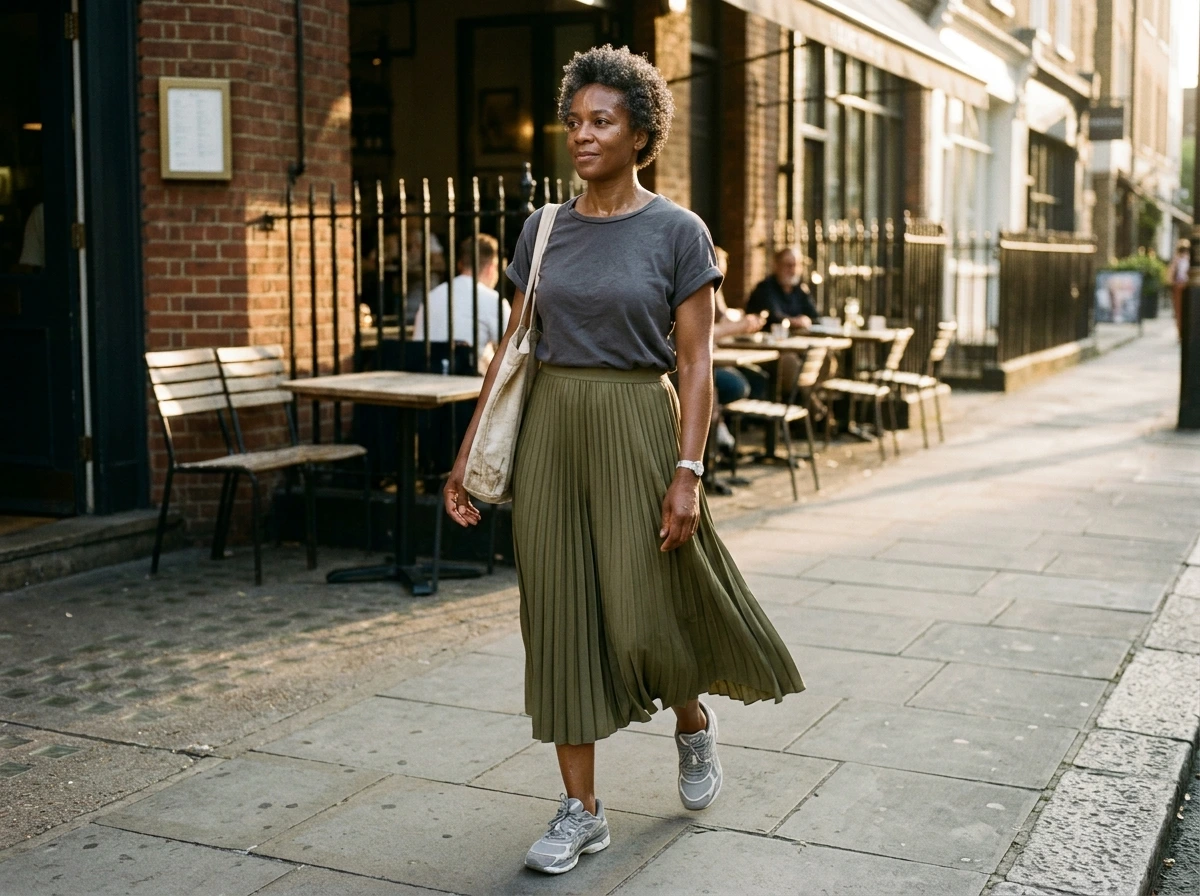 Femme en jupe midi olive associée à des Asics Gel NYC grises en ville