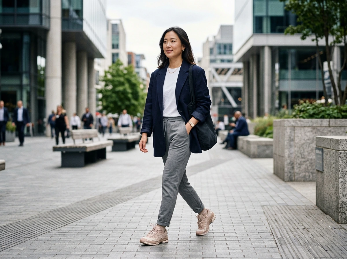 Look athleisure jogging et blazer porté avec des Asics Gel NYC beige-rose