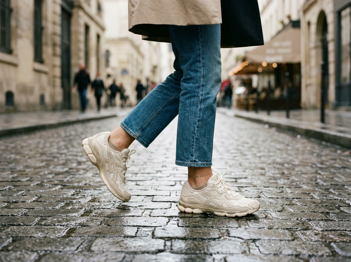 asics-gel-nyc-rue-paris-creme Femme en jean clair portant des Asics Gel NYC crème dans une rue pavée de Paris