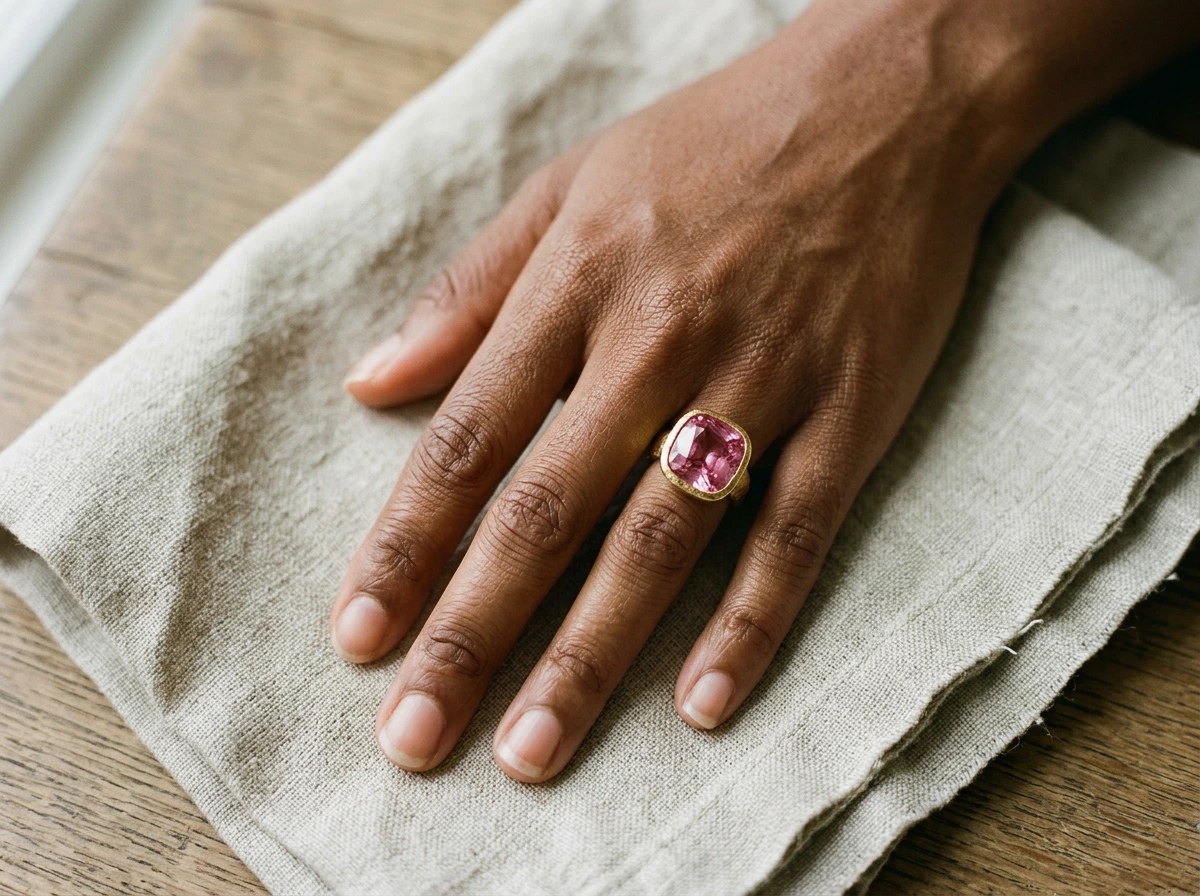 Bague cocktail sertie d'une pierre de couleur portée sur une main aux ongles nus