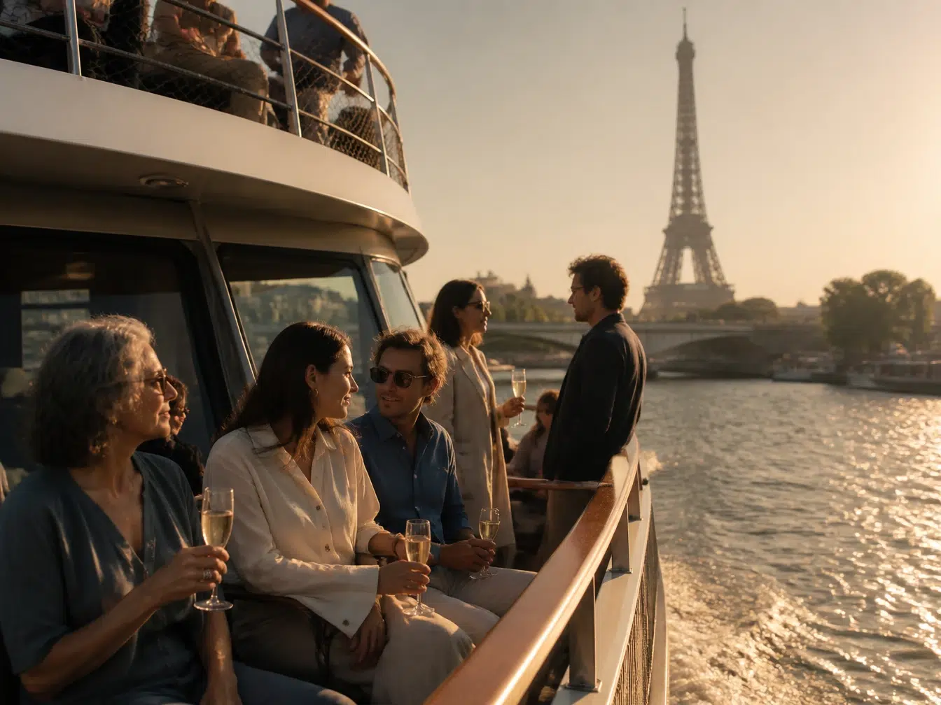 Bateau privatisé naviguant sur la Seine au coucher du soleil pour un anniversaire à Paris, Tour Eiffel en arrière-plan