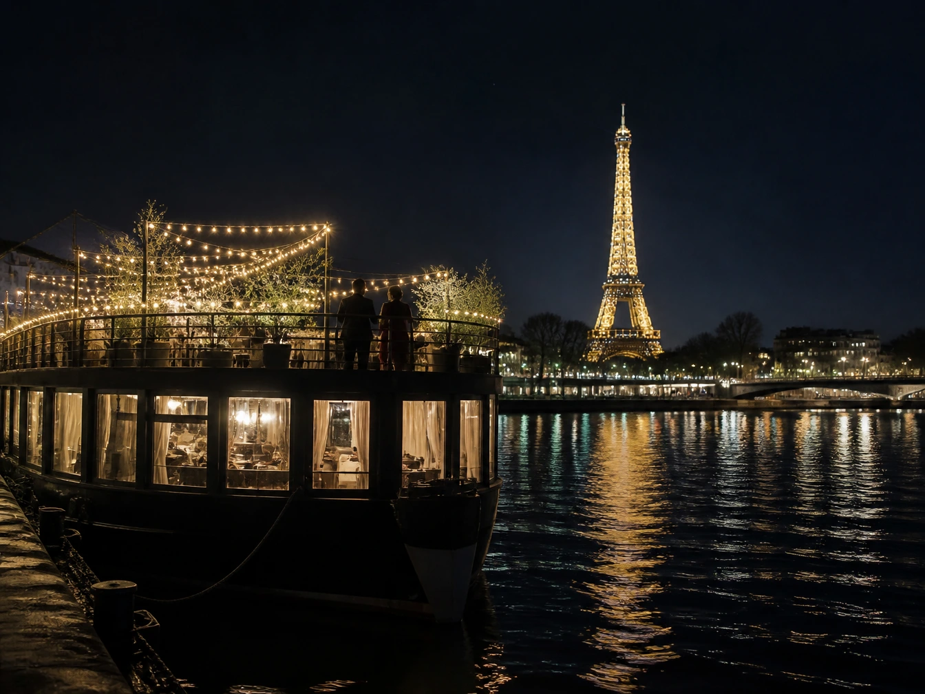 Bateau privatisé éclairé amarré sur la Seine la nuit avec la Tour Eiffel scintillante pour une soirée d'anniversaire à Paris