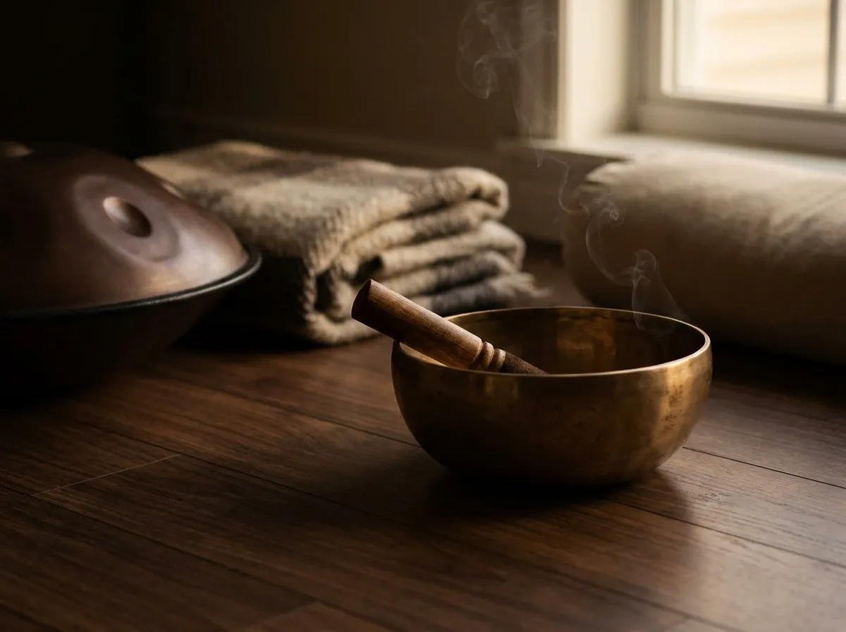 Bol tibétain et handpan posés près d'un bolster de yoga sur un parquet en bois, lumière chaude