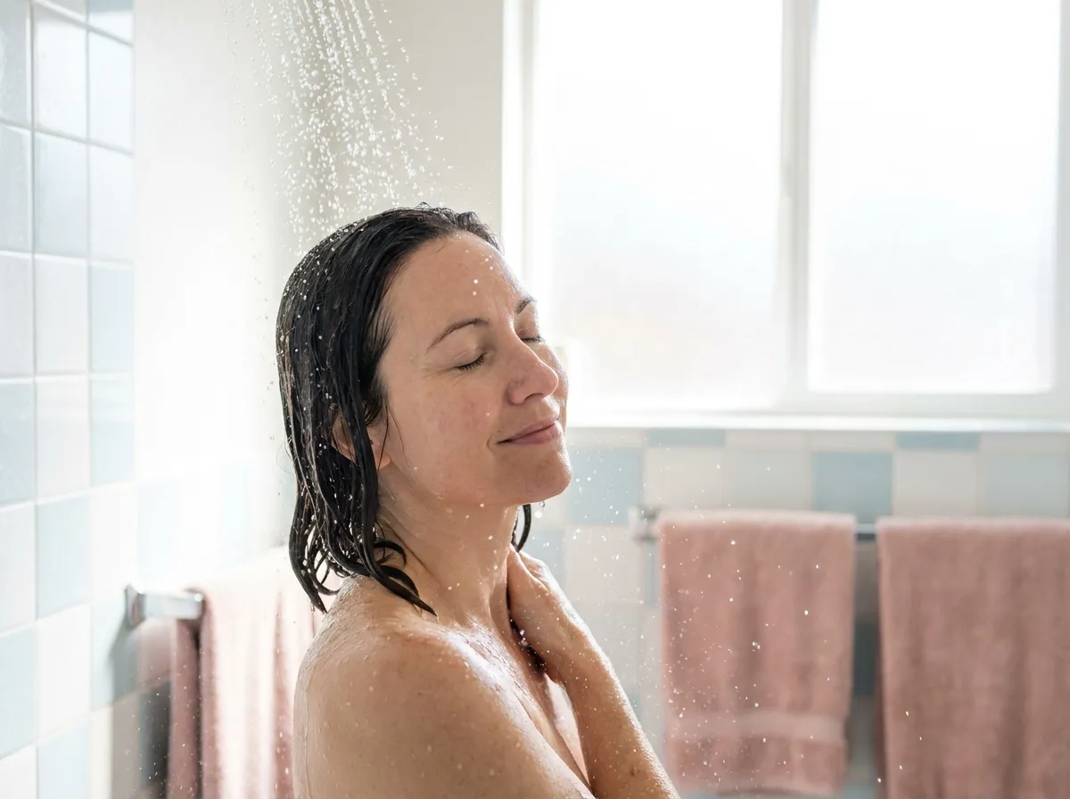 Rinçage des cheveux à l'eau fraîche sous la douche pour apaiser un cuir chevelu qui démange