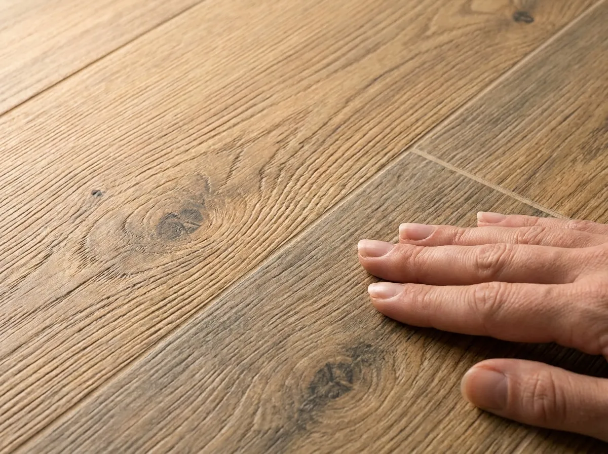 Gros plan sur les veines en relief et le joint fin d'un carrelage imitation bois mat