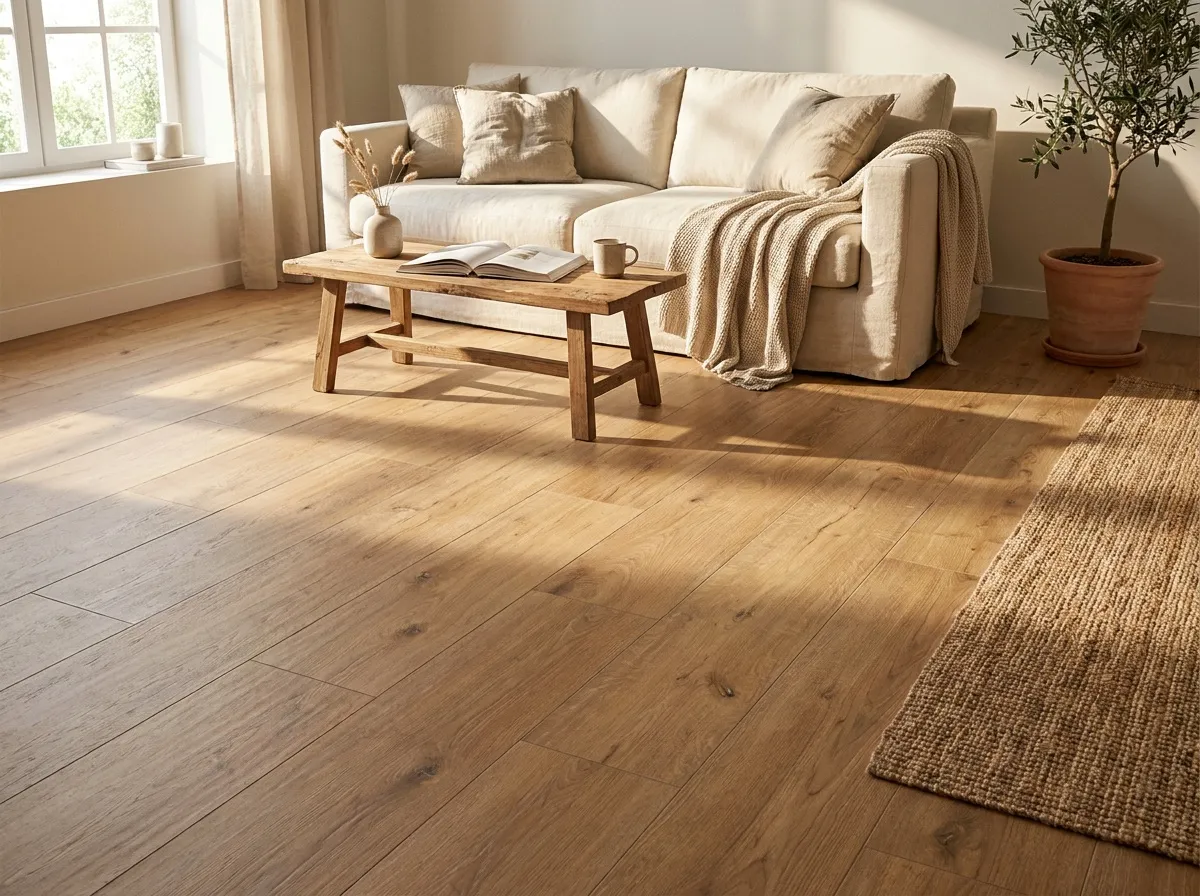 Salon chaleureux avec sol en carrelage imitation bois ton chêne miel en lames larges