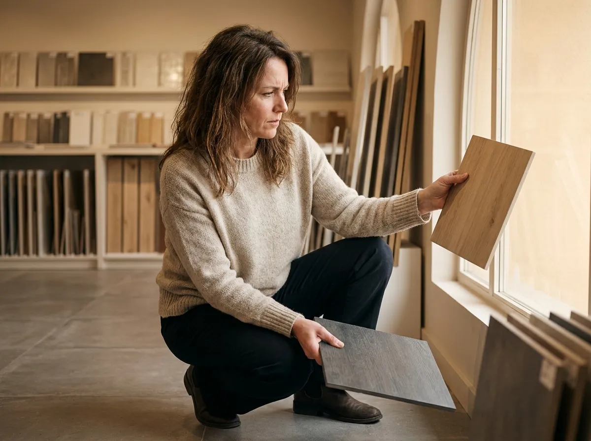Femme comparant deux échantillons de carrelage imitation bois à la lumière en showroom