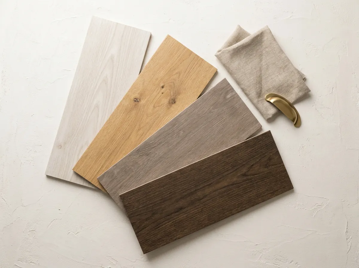 Échantillons de carrelage imitation bois en différentes teintes du chêne clair au teck