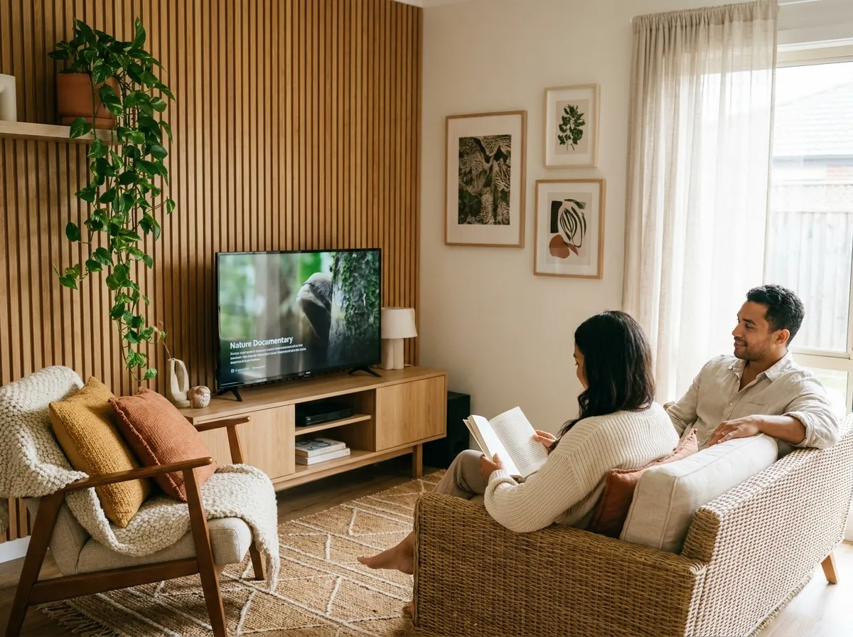 coin TV cosy finalisé avec tapis, plantes, coussins et mur en tasseaux de bois