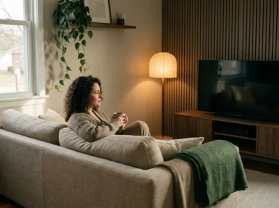 Coin TV cosy et moderne dans un salon avec mur en tasseaux de bois et canapé en lin