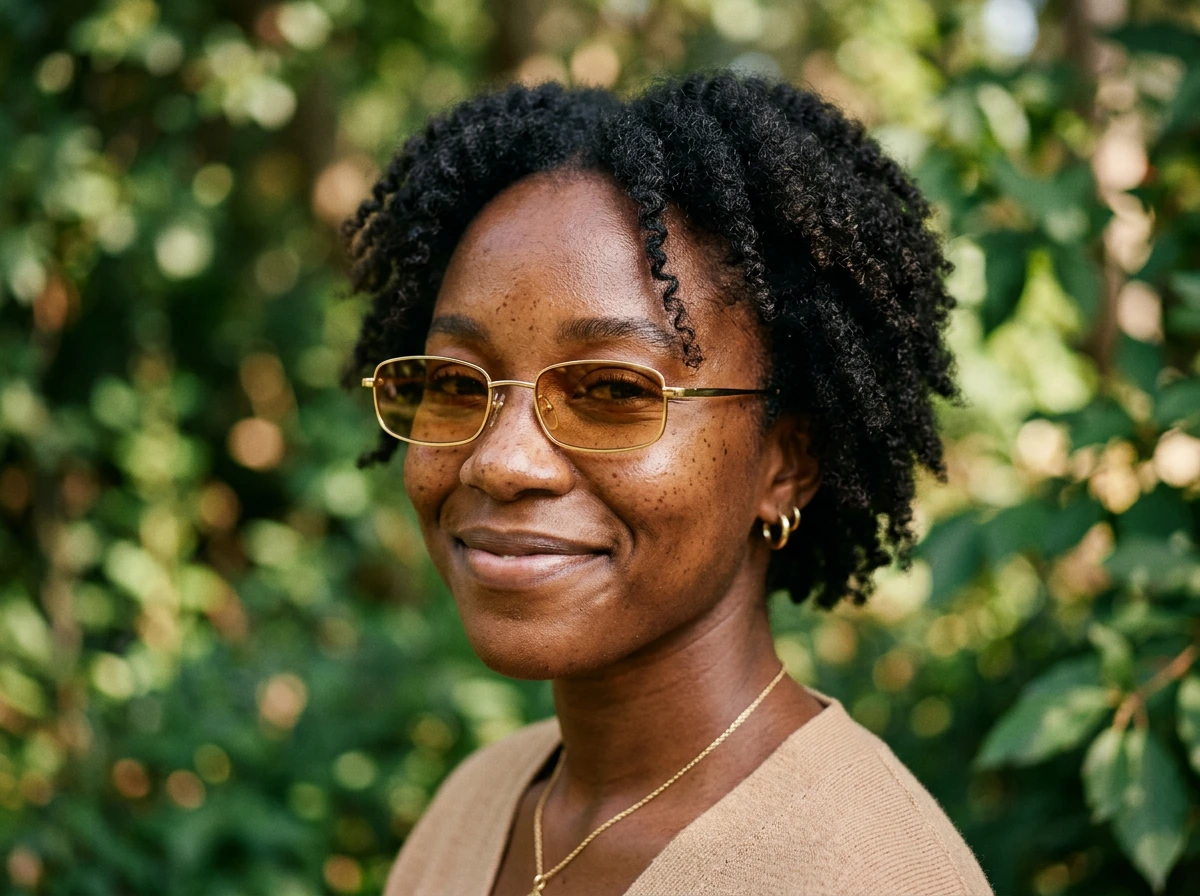 Femme à la peau foncée portant des lunettes de soleil à verres ambrés et monture dorée