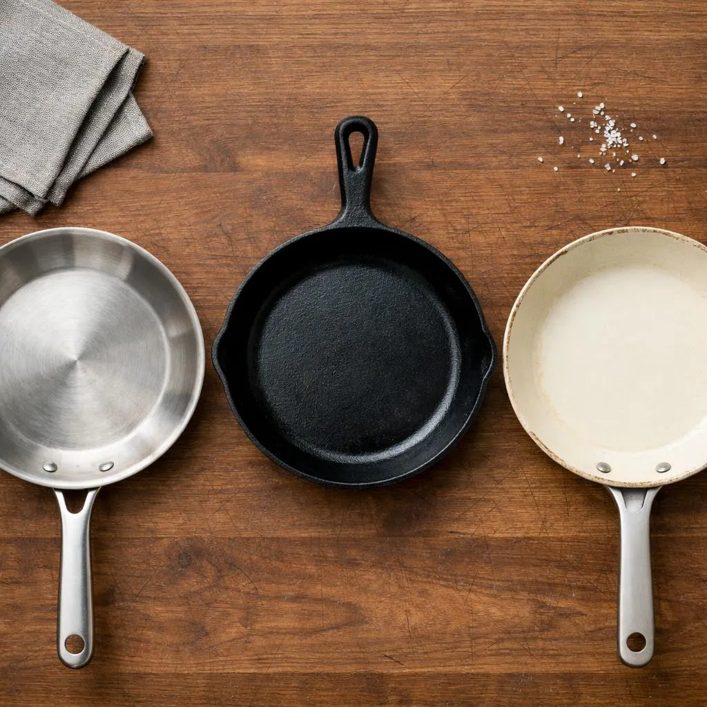 Comparatif de poêles inox, fonte et céramique posées côte à côte sur un plan de travail en bois
