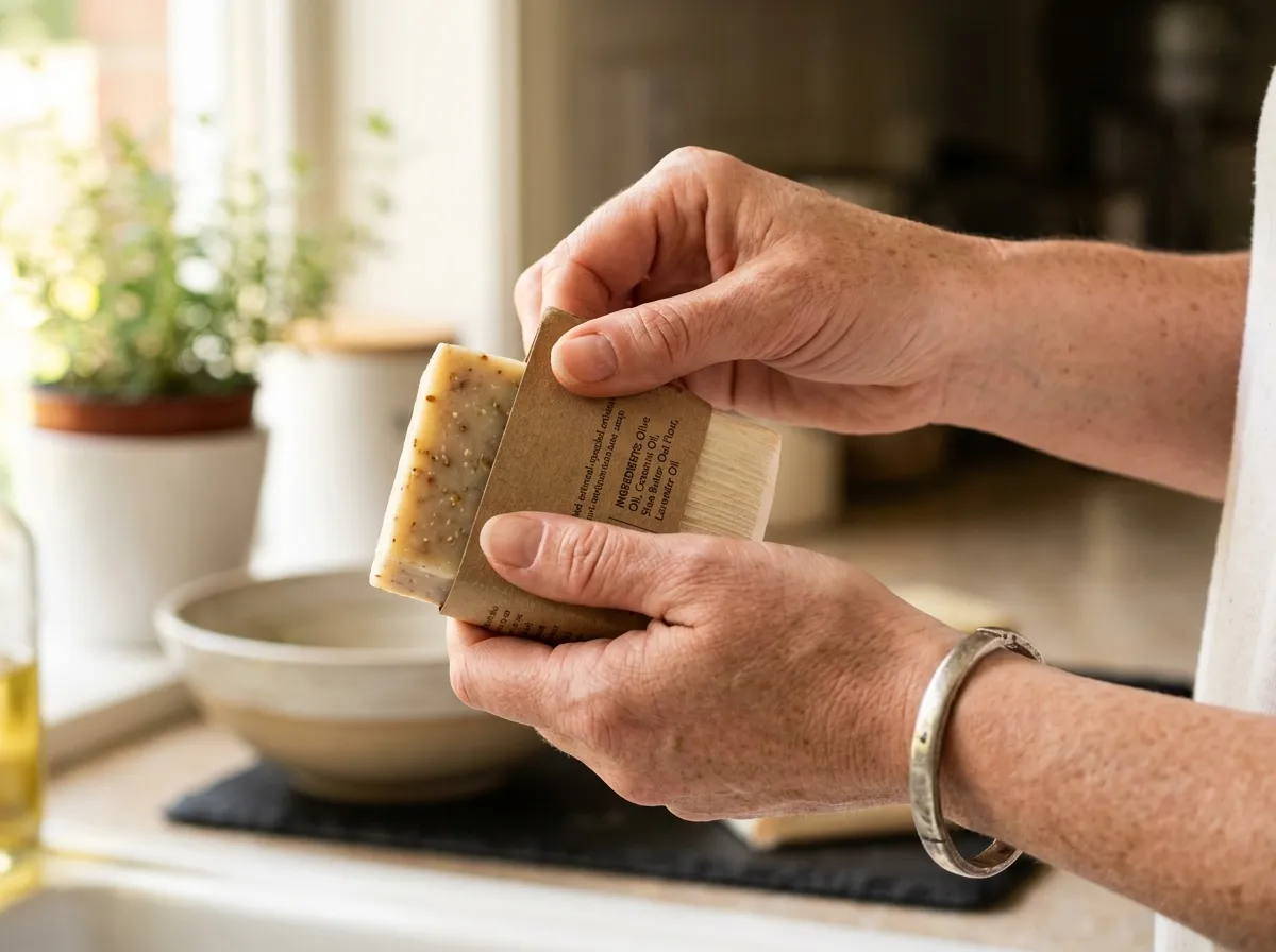 Mains lisant la composition INCI courte d'un savon artisanal à l'emballage compostable
