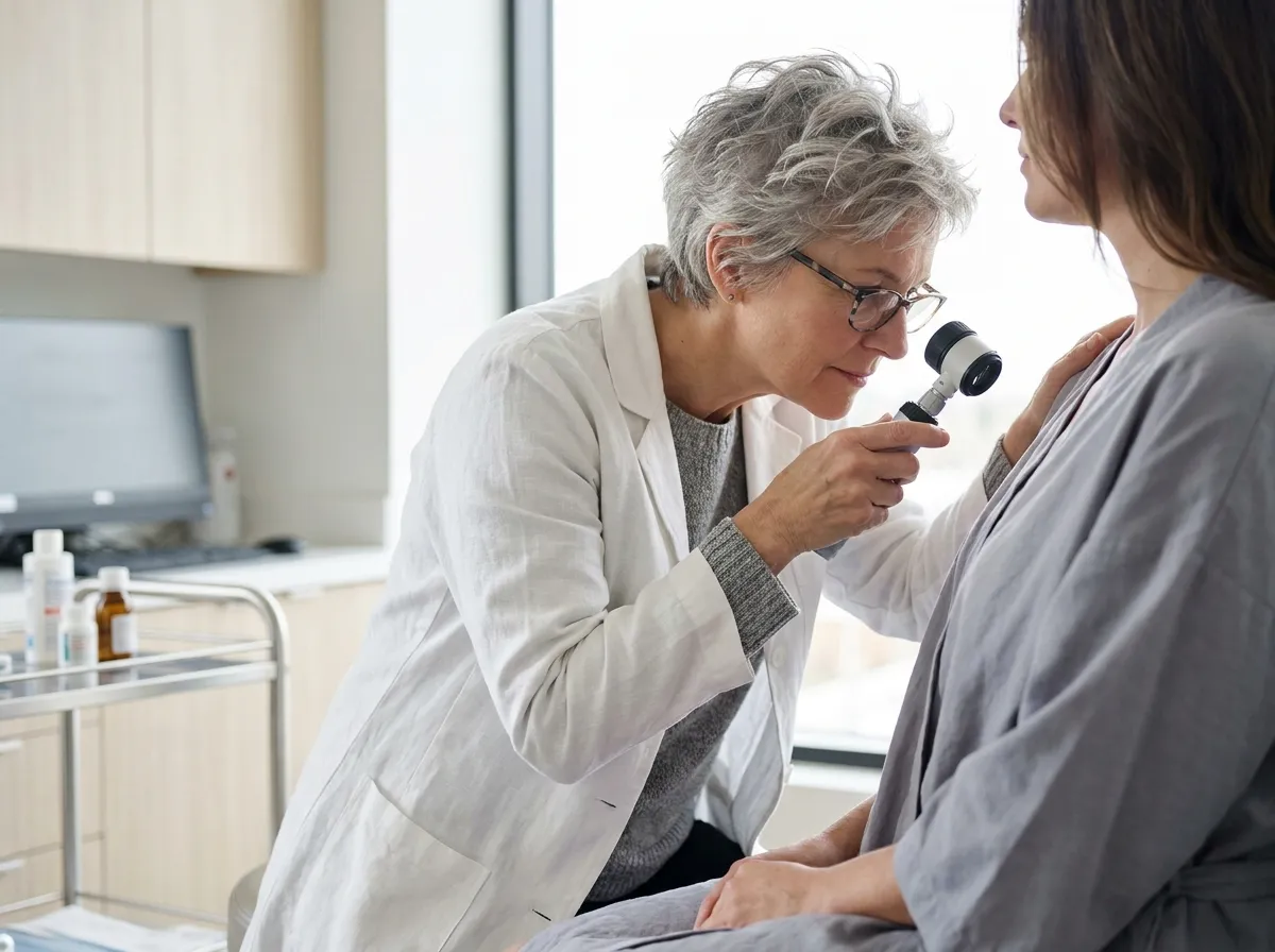 Dermatologue examinant le cuir chevelu d'une patiente avec un dermatoscope en consultation