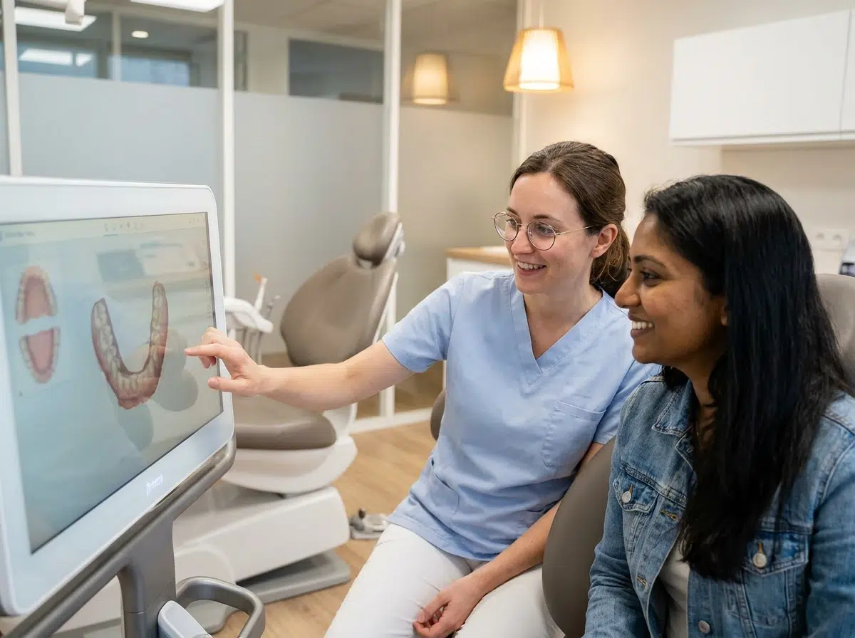 Orthodontiste expliquant un plan de traitement à une patiente adulte en cabinet dentaire