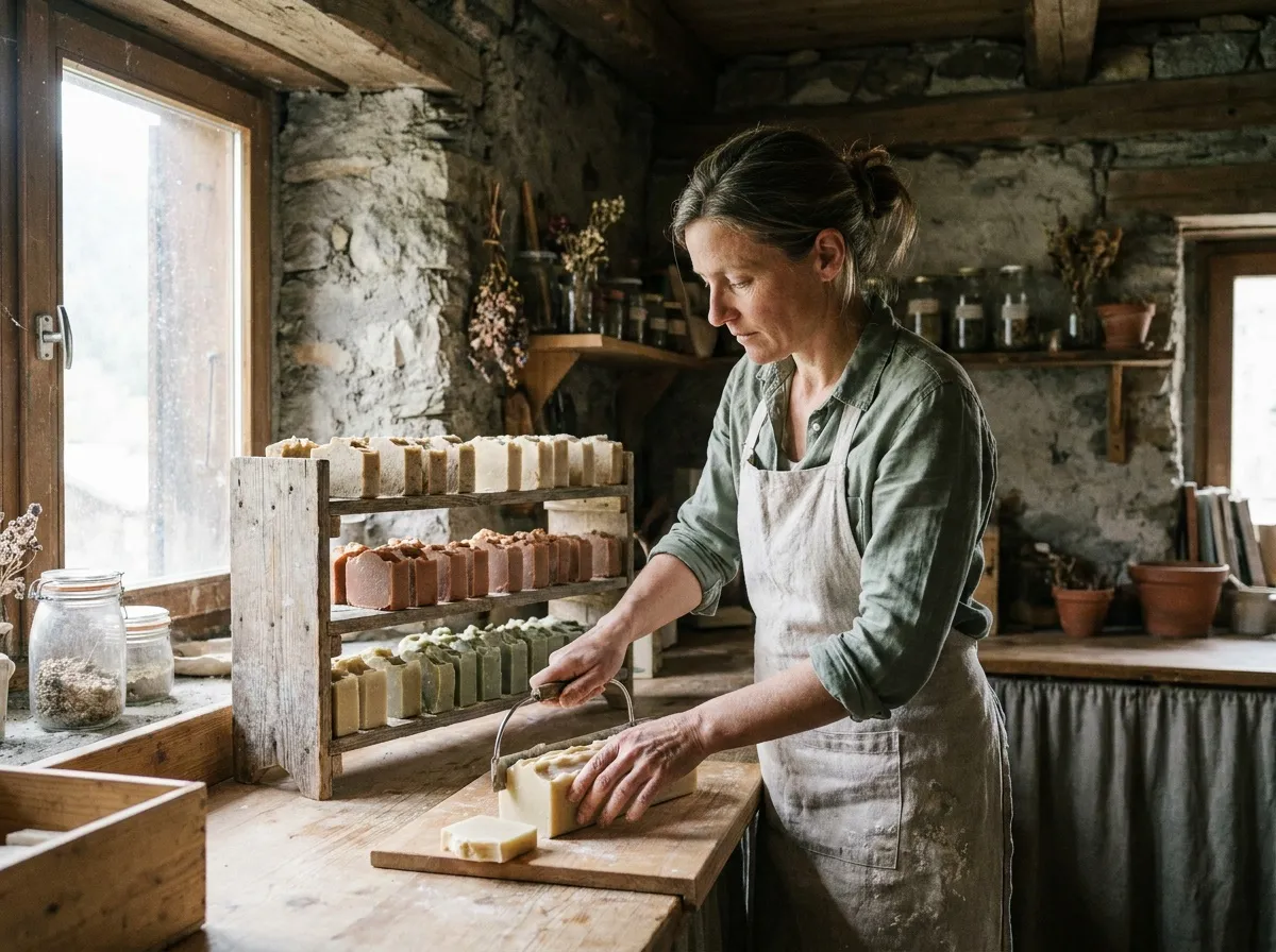 cosmetique-naturelle-artisanale-atelier-savon Savonnière découpant un savon saponifié à froid dans un atelier de cosmétique naturelle artisanale