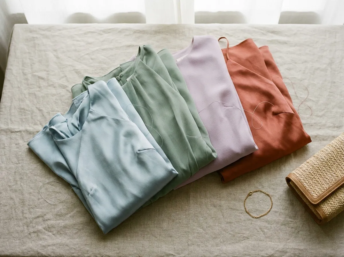 Quatre robes de cérémonie aux couleurs tendance 2026 : bleu glacier, sauge, lilas, terracotta