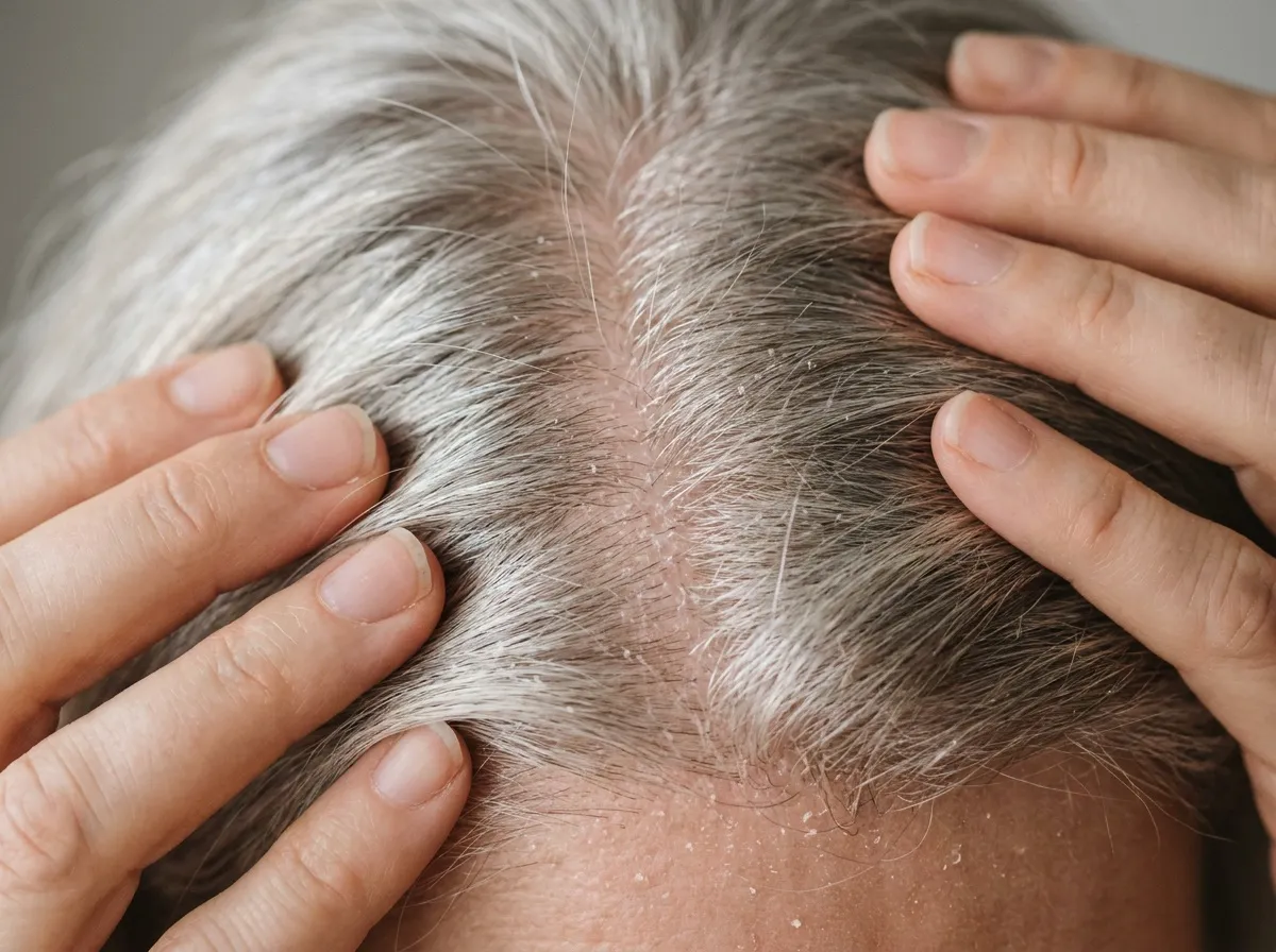 Gros plan sur la raie des cheveux montrant un cuir chevelu sec avec de fines squames