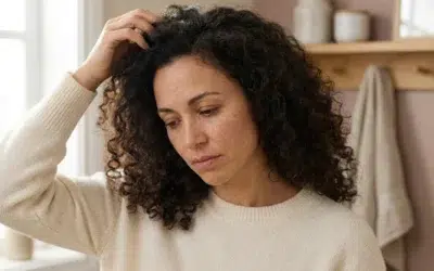Femme examinant son cuir chevelu en écartant ses cheveux pour repérer la cause de ses démangeaisons