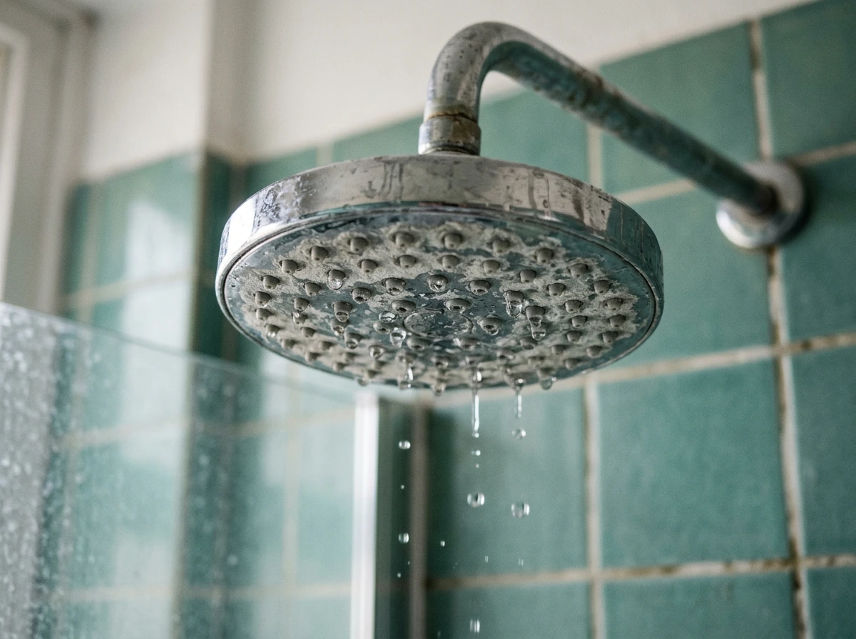 Pommeau de douche entartré par le calcaire, eau dure responsable de tiraillements cutanés