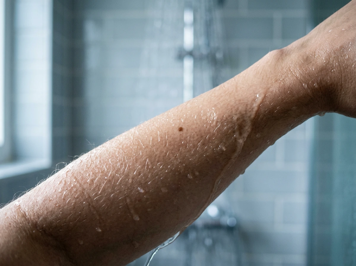 Eau de douche ruisselant sur la peau d'un avant-bras, gouttes sur le film hydrolipidique