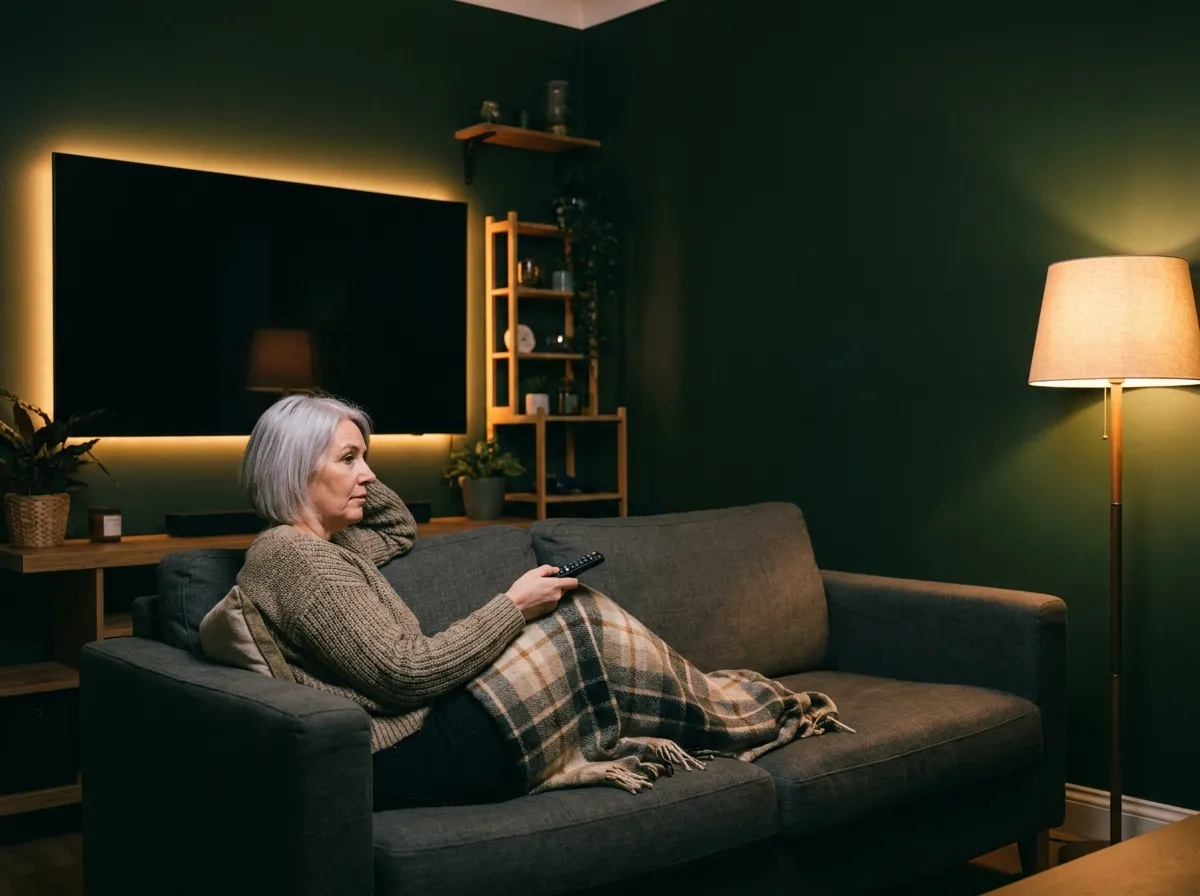 Coin TV éclairé en lumière chaude indirecte avec bandeau LED derrière l'écran le soir