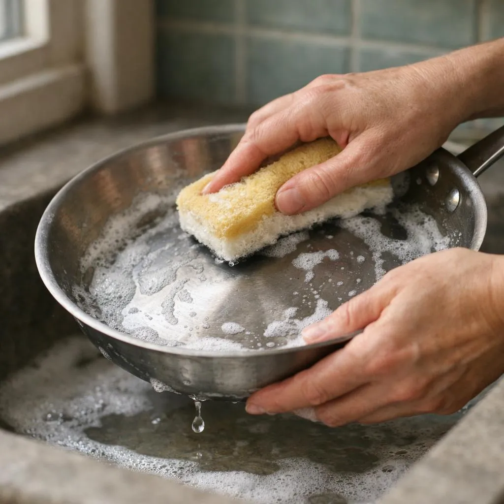 Mains nettoyant une poêle en inox à l'eau savonneuse dans un évier, entretien batterie durable