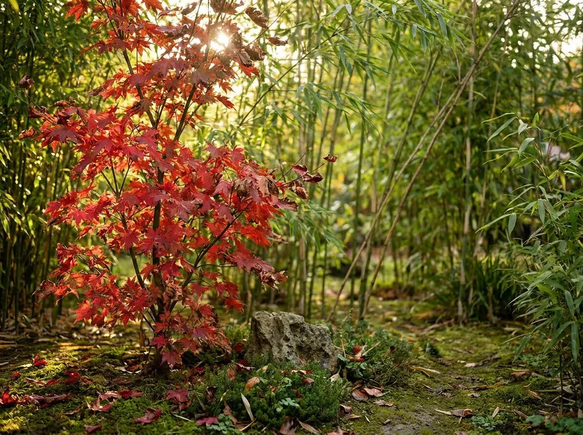 Érable du Japon aux feuilles rouges et bambou Fargesia non traçant dans un jardin zen français