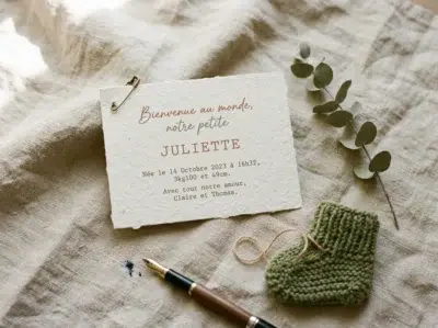 Faire-part de naissance 2026 aux tons terracotta et vert sauge posé sur un plaid en lin