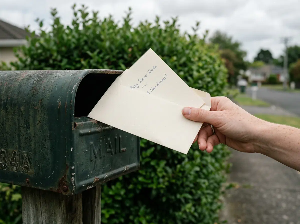 Main qui glisse un faire-part de naissance dans une boîte aux lettres en extérieur