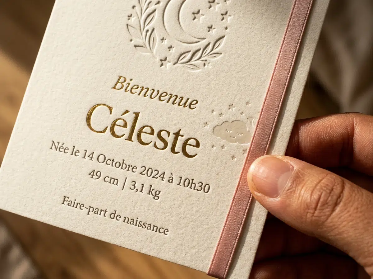 Détail de finitions sur un faire-part de naissance : dorure à chaud et gaufrage en relief