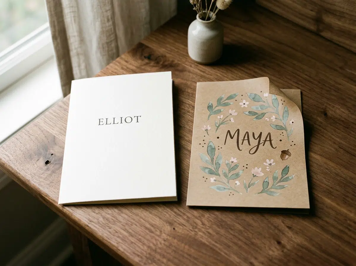 Faire-part de naissance minimaliste et version kraft posés sur une table en bois