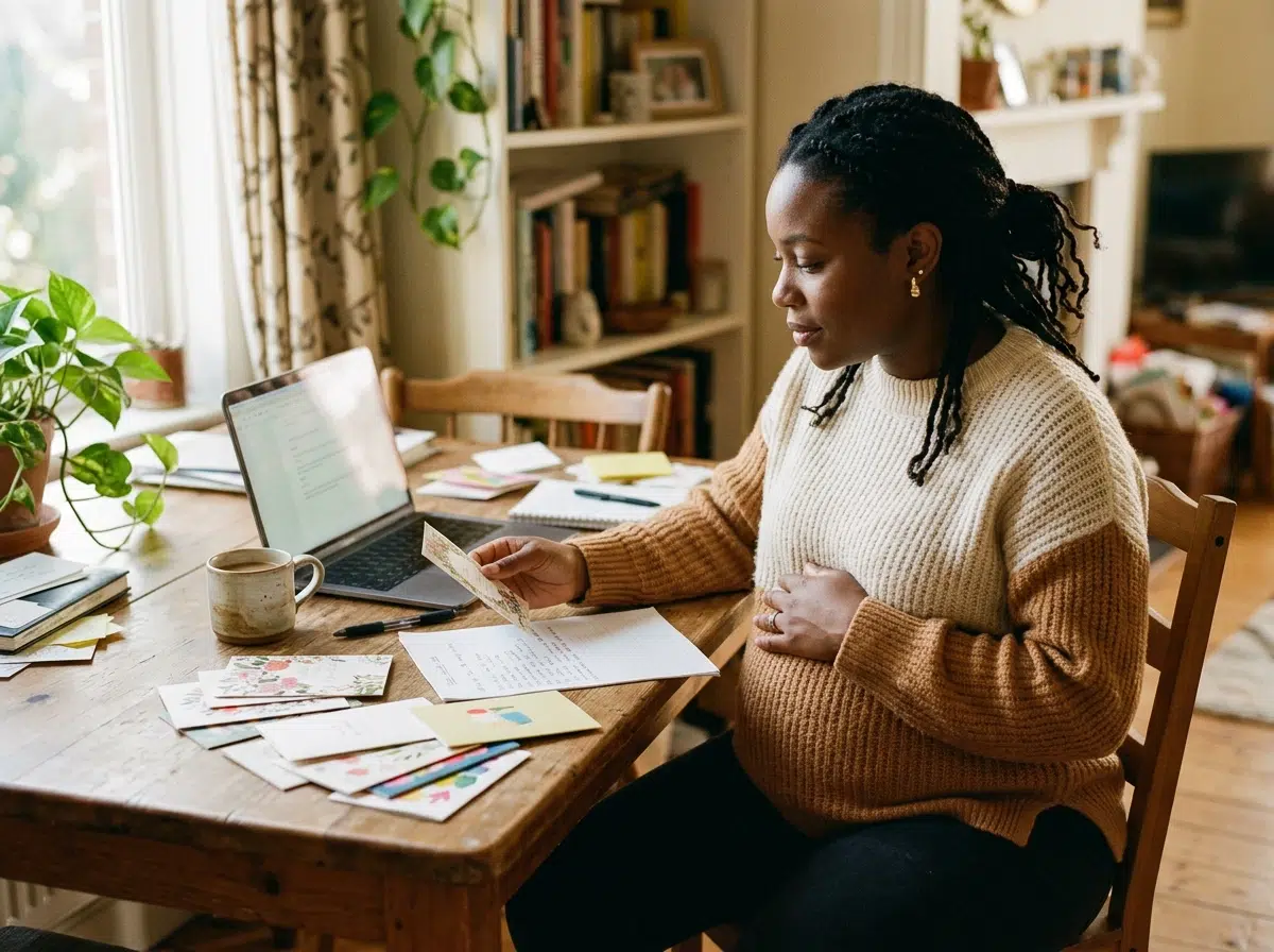 Future maman enceinte qui prépare sa liste d'adresses et ses modèles de faire-part