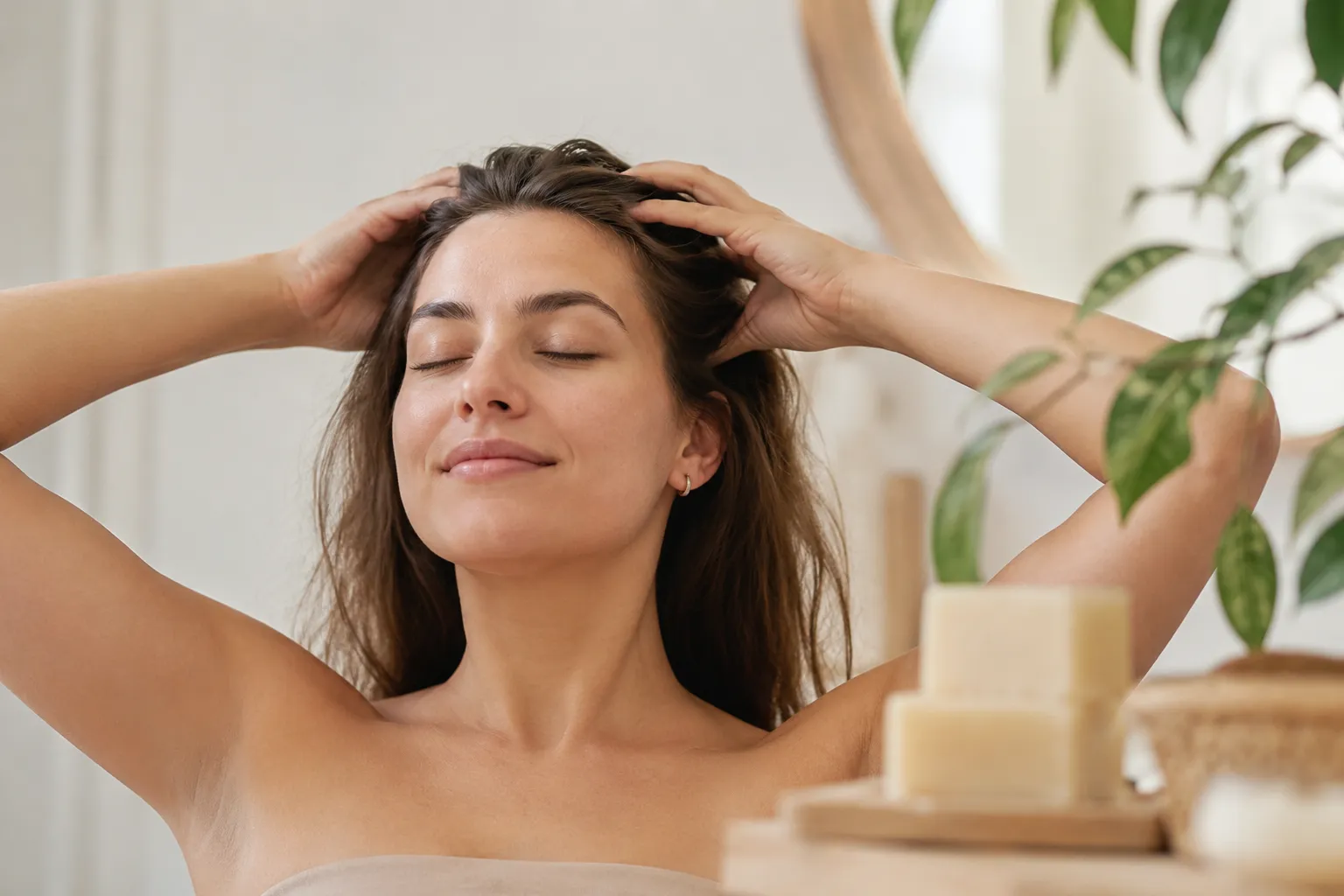 Femme se massant les cheveux avec un cuir chevelu sain