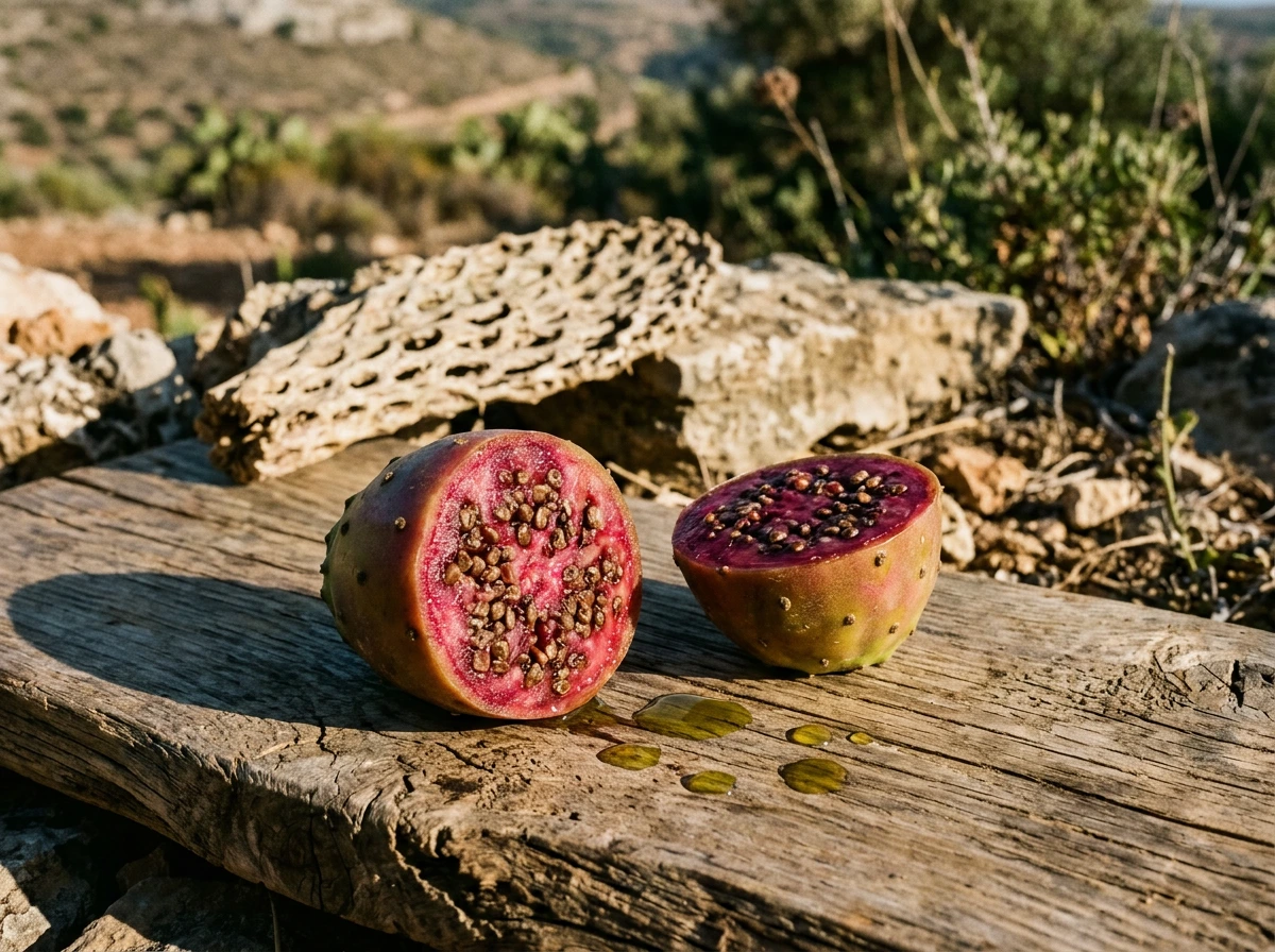 Figues de barbarie ouvertes laissant voir les pépins d'où provient l'huile cosmétique
