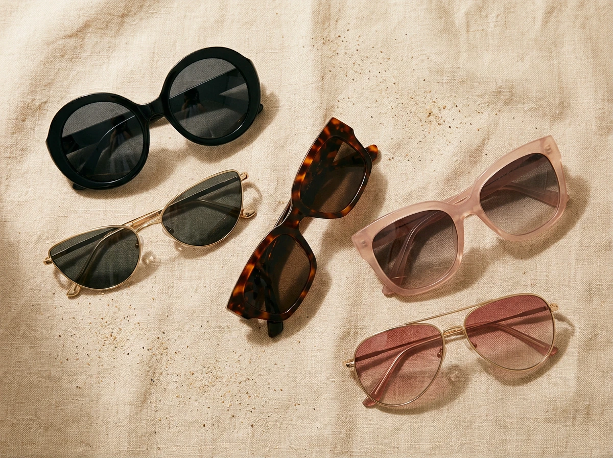 Cinq paires de lunettes de soleil femme tendance 2026 disposées sur du lin sable