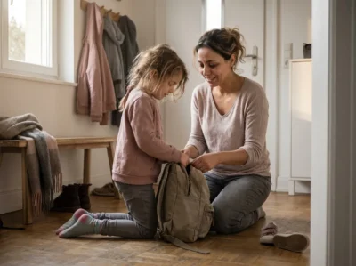 Nounou aidant une petite fille à fermer son cartable avant l'école à la maison