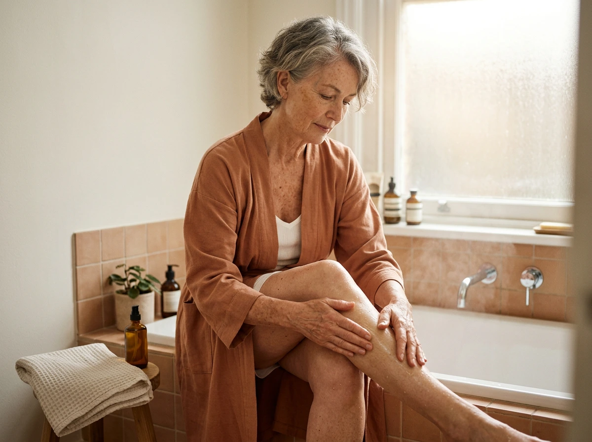 Femme appliquant une huile relipidante sur peau humide après la douche pour éviter le tiraillement