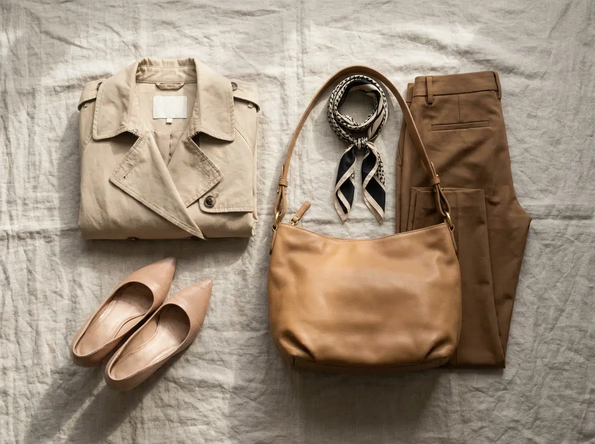 Look complet trench court à plat avec talons nude, sac cuir et écharpe contrastée