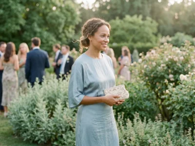 Invitée en robe midi bleu glacier à un mariage en extérieur, pochette à la main