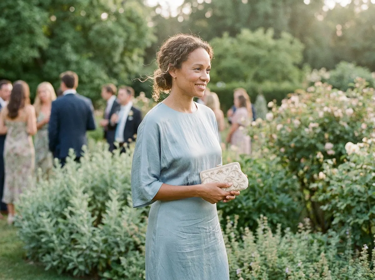 invitee-mariage-robe-bleu-glacier Invitée en robe midi bleu glacier à un mariage en extérieur, pochette à la main